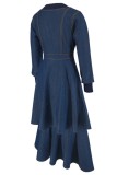 Deep Blue Casual Daily Solid Color Patchwork V Neck Long Sleeve High Waist Regular Denim Dresses