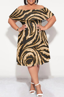 Coffee Sexy Striped Print Ruffle Contrast Off Shoulder Printed Plus Size Dresses
