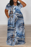 Baby Blue Casual Street Faux Denim Print Pocket Contrast V Neck Printed Plus Size Dresses