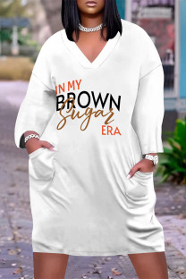 White Black Casual Street Letter Print Pocket Contrast V Neck Printed Plus Size Dresses