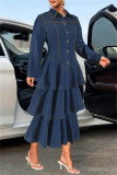 Deep Blue Casual Daily Solid Color Buttons Patchwork Turndown Collar Long Sleeve Regular Denim Dresses