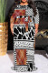 White Brown Casual Geometric Print Lace Up Contrast O Neck Printed Plus Size Dresses