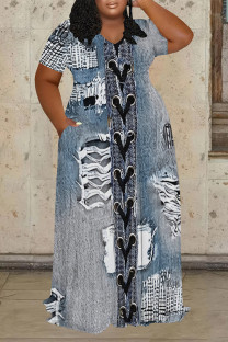 Baby Blue Casual Street Faux Denim Print Pocket Contrast V Neck Printed Plus Size Dresses