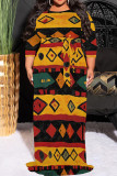 Yellow Black Casual Print Patchwork O Neck Long Plus Size Dresses