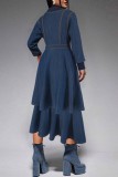 Deep Blue Casual Daily Solid Color Patchwork V Neck Long Sleeve High Waist Regular Denim Dresses