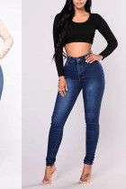 Dark Blue Denim Zipper Fly High Solid washing pencil Pants Bottoms