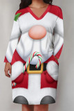 Red Green Casual Street Santa Claus Christmas Tree Print Pocket Contrast V Neck Printed Plus Size Dresses