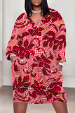 Purple Casual Street Plaid Pocket Contrast V Neck Printed Plus Size Dresses