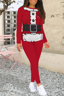 Red Black Casual Street Santa Claus Print Letters O Neck Long Sleeve Two Pieces