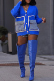 Coffee Casual Patchwork Pocket Buttons V Neck Outerwear