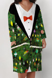 Red Green Casual Street Santa Claus Christmas Tree Print Pocket Contrast V Neck Printed Plus Size Dresses
