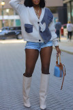 Cream White Casual Patchwork Buttons V Neck Outerwear