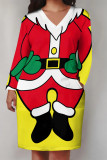 Red Green Casual Street Santa Claus Christmas Tree Print Pocket Contrast V Neck Printed Plus Size Dresses