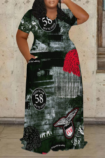 Ink Green Casual Street Faux Denim Print Pocket Contrast V Neck Printed Plus Size Dresses