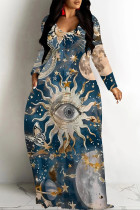 Blue Casual Street Geometric Print The stars Pocket Contrast V Neck Printed Dresses