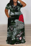 Baby Blue Casual Street Faux Denim Print Pocket Contrast V Neck Printed Plus Size Dresses