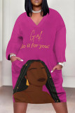 Rose Red Casual Street Figure Print Letters Pocket Contrast V Neck Printed Plus Size Dresses