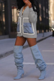 Coffee Casual Patchwork Pocket Buttons V Neck Outerwear
