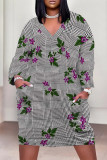Purple Casual Street Plaid Pocket Contrast V Neck Printed Plus Size Dresses