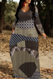 Black And White Casual Vacation Colorblock Plaid Ombre Print Pocket Contrast V Neck Printed Dresses