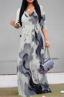Grey Street Elegant Striped Print Gradient Lace Up Contrast V Neck Printed Dresses