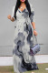 Grey Street Elegant Striped Print Gradient Lace Up Contrast V Neck Printed Dresses
