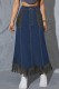 Deep Blue Casual Patchwork Pocket Fringed Hem High Waist Regular Denim Skirts