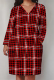 Purple Casual Street Plaid Pocket Contrast V Neck Printed Plus Size Dresses