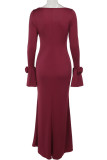Burgundy Elegant Solid Color Patchwork Flower Shape U Neck Long Dresses