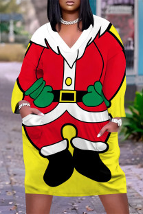 Yellow Casual Street Santa Claus Christmas Tree Print Pocket Contrast V Neck Printed Plus Size Dresses