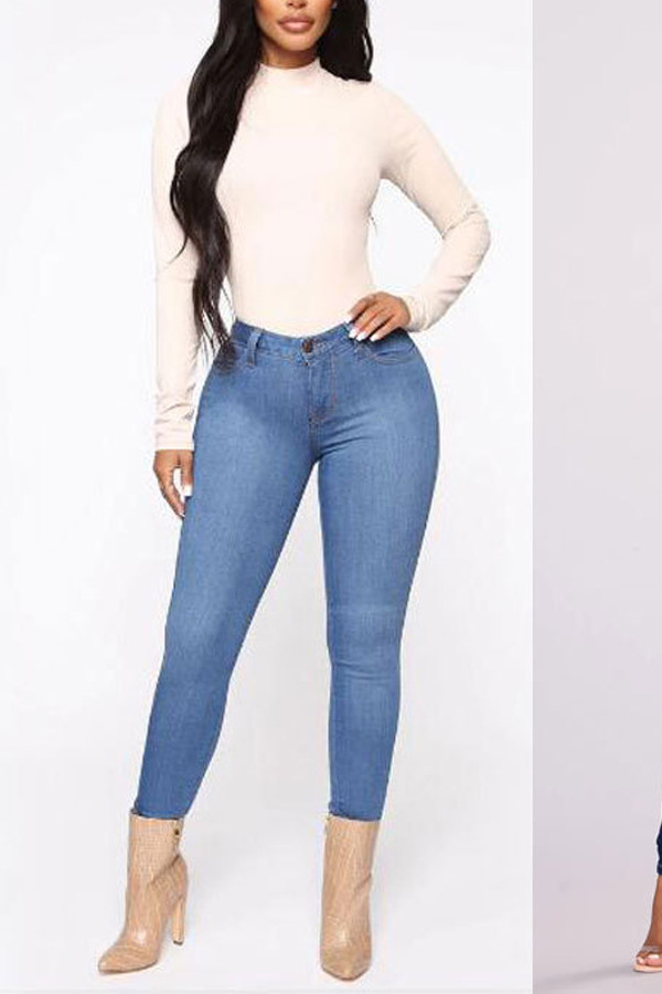 Blue Denim Zipper Fly High Solid washing pencil Pants Bottoms