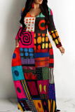 Orange Red Casual Print Patchwork O Neck Long Dresses
