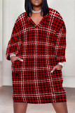 Purple Casual Street Plaid Pocket Contrast V Neck Printed Plus Size Dresses