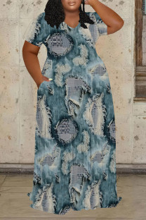 White Blue Casual Street Faux Denim Print Pocket Contrast V Neck Printed Plus Size Dresses