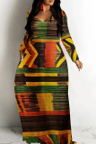 Orange Red Casual Print Patchwork O Neck Long Dresses