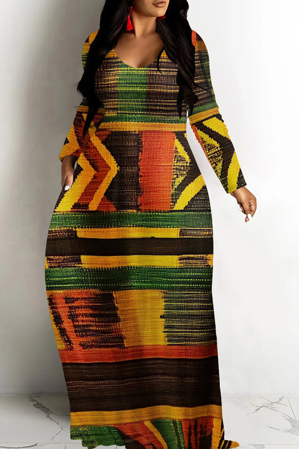 Black Green Casual Print Patchwork O Neck Long Dresses