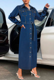 Deep Blue Casual Solid Color Buttons With Belt Turndown Collar Long Sleeve Regular Denim Dresses