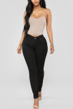 Black Denim Zipper Fly High Solid washing pencil Pants Bottoms