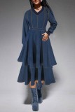 Deep Blue Casual Daily Solid Color Patchwork V Neck Long Sleeve High Waist Regular Denim Dresses