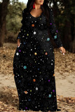 Black Purple Casual Street Geometric Print The stars Pocket Contrast V Neck Printed Dresses