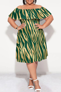 Green Sexy Striped Print Ruffle Contrast Off Shoulder Printed Plus Size Dresses