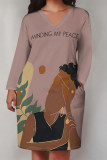 Rose Red Casual Street Figure Print Letters Pocket Contrast V Neck Printed Plus Size Dresses