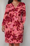 Purple Casual Street Plaid Pocket Contrast V Neck Printed Plus Size Dresses