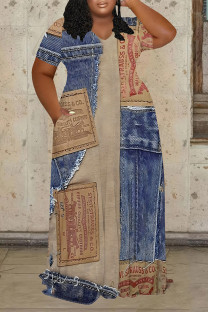 Blue Coffee Casual Street Faux Denim Print Pocket Contrast V Neck Printed Plus Size Dresses