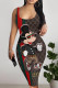 Coffee Sexy Street Cartoon Print Stripe Letters Contrast U Neck Printed Dresses