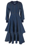Deep Blue Casual Daily Solid Color Patchwork V Neck Long Sleeve High Waist Regular Denim Dresses