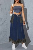 Deep Blue Casual Patchwork Pocket Fringed Hem High Waist Regular Denim Skirts