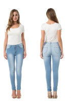 Light Blue Denim Zipper Fly High Solid washing pencil Pants Bottoms