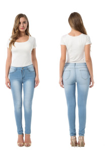 Light Blue Denim Zipper Fly High Solid washing pencil Pants Bottoms