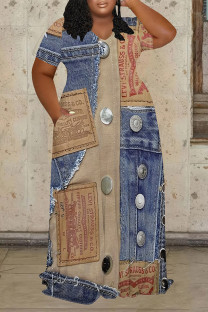Multicolor Casual Street Faux Denim Print Pocket Contrast V Neck Printed Plus Size Dresses